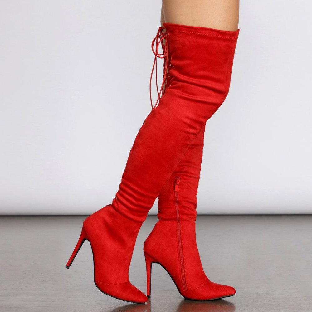 New Red Stretchy Over The Knee Thigh High Boot Gold Studded Stiletto High Heel - Picture 3 of 8
